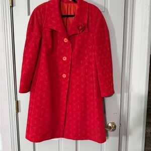 Vintage 1980s Red Trench Style Coat Canda International Geometric Jacquard wmn L